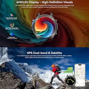 ساعت هوشمند GPS 2024، صفحه نمایش AMOLED همیشه روشن 1.43 اینچی، ضد آب 50 میلیونی، حالت اسپرت، باتری 500 میلی آمپر ساعتی، ساعت هوشمند تماسی مردانه زنانه