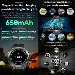 ساعت هوشمند نظامی GPS دار: صفحه نمایش IPS 1.45 اینچی، GPS داخلی، ارتفاع سنج، فشارسنج، قطب نما، ردیاب تناسب اندام/سلامت، تماس بلوتوث،