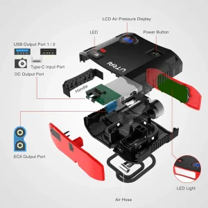 استارتر جامپ قابل حمل UTRAI با کمپرسور هوا، Jstar 5 150 Psi 2000A 24000Mah (موتور دیزل 8 لیتری بنزینی 7.5 لیتری) بسته باتری 12 ولتی با چراغ اضطراری صفحه نمایش ال سی دی USB Qc3.0 برای اتومبیل، 